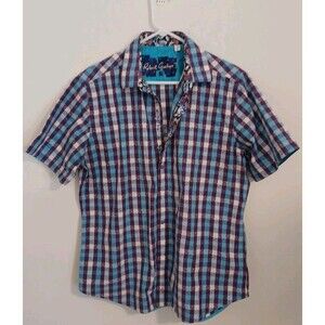 Robert Graham Button Down Plaid Shirt Men's Large Blue Pink Short Sleeve Casual